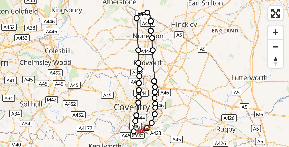 Flight route Air Ambulance Helicopter Warwick - Coventry Airport, 26 May 2026, 12:30