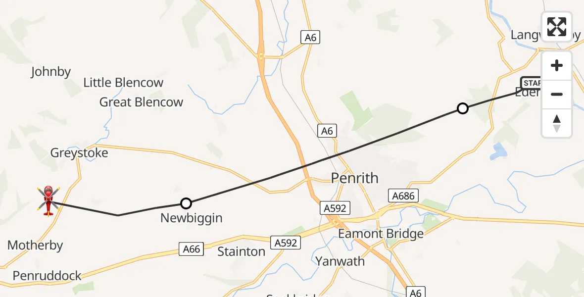 Flight route Air Ambulance Helicopter Edenhall - Greystoke, 26 May 2026, 12:33