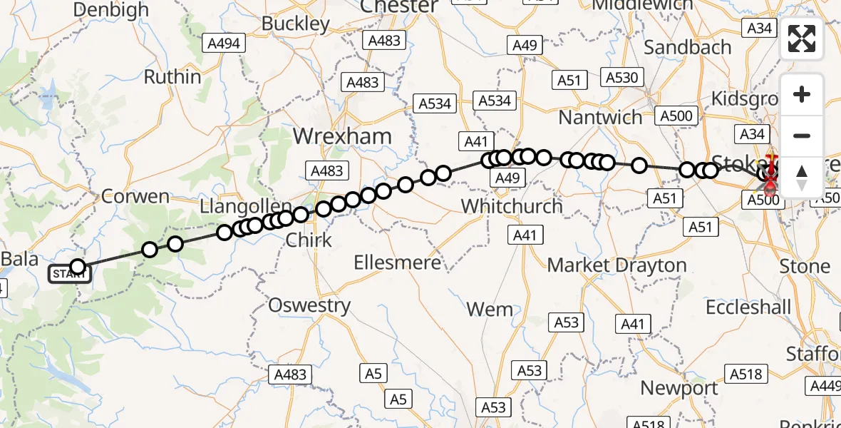 Flight route Air Ambulance Helicopter Llandderfel - University Hospital North Staffs, 26 May 2026, 12:35