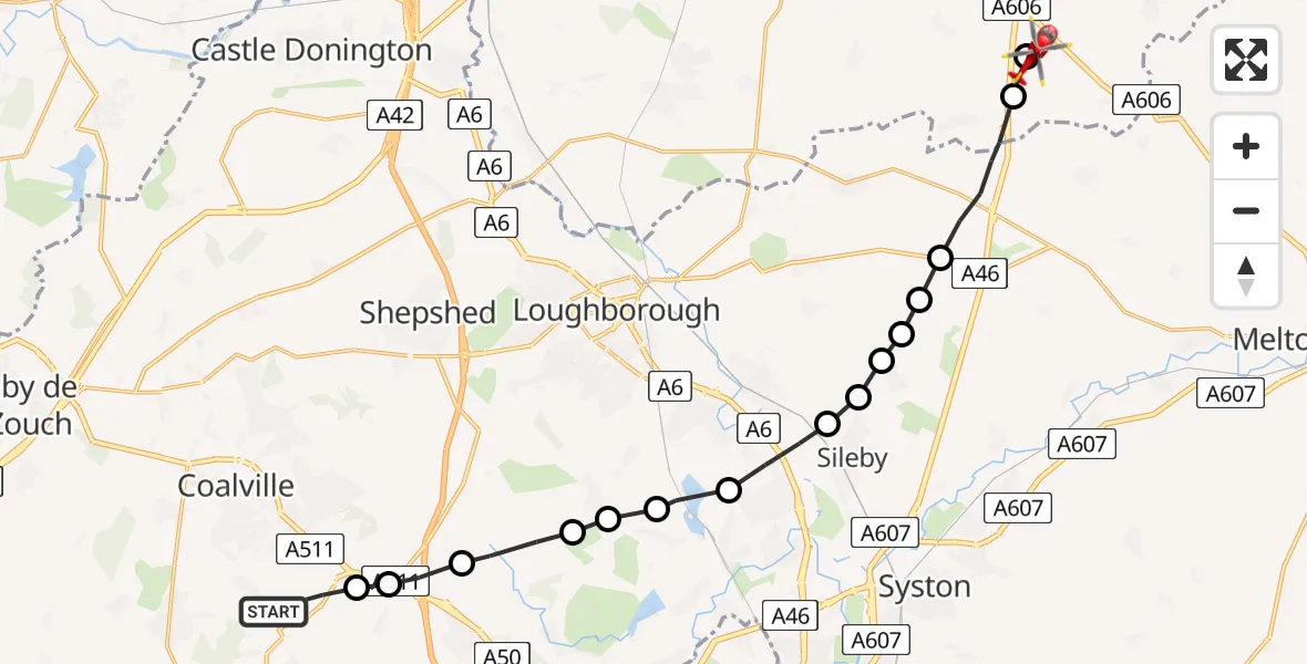 Flight route Air Ambulance Helicopter Ellistown - Nottingham Heliport, 26 May 2026, 12:41