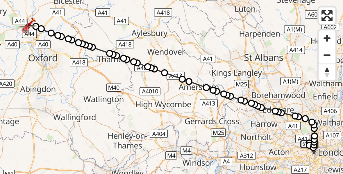 Flight route Air Ambulance Helicopter Chalk Farm - London Oxford Airport, 26 May 2026, 12:50