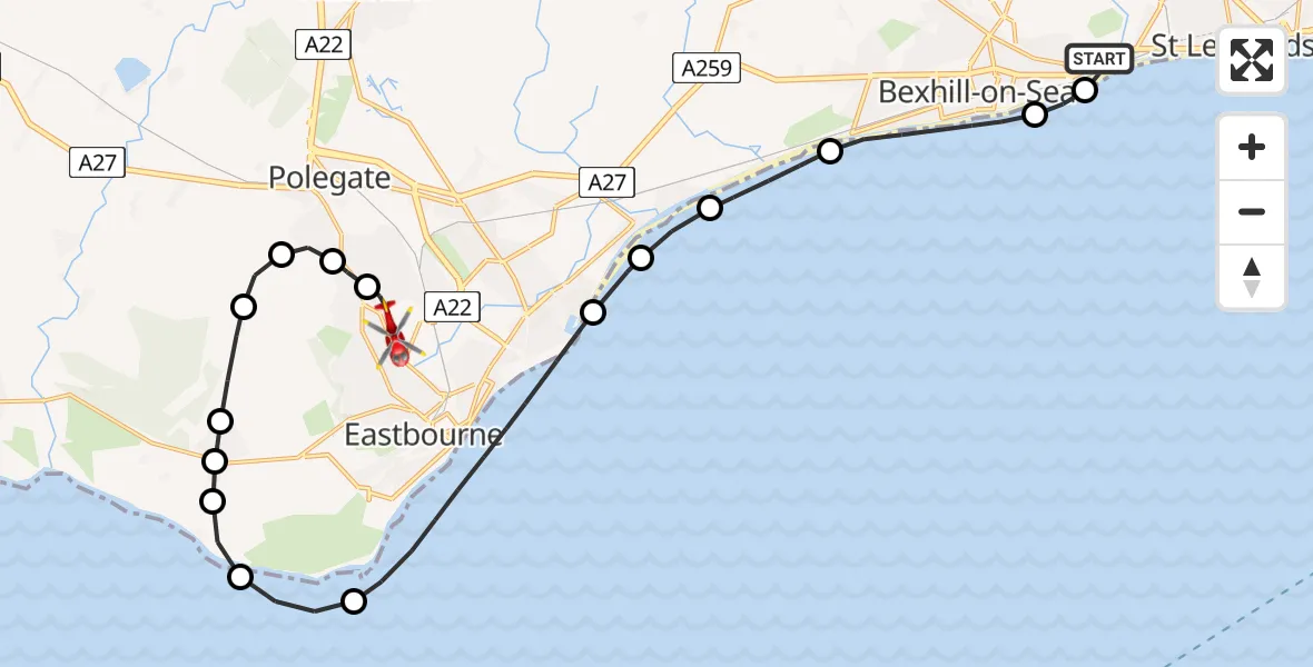 Flight route Air Ambulance Helicopter Rother - Eastbourne, 26 May 2026, 12:56