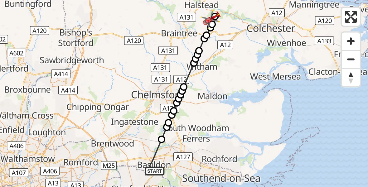 Flight route Air Ambulance Helicopter Basildon - Earls Colne Airfield, 26 May 2026, 12:57