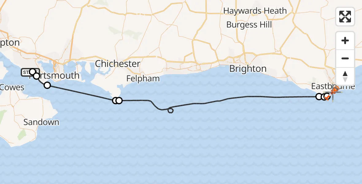 Flight route Coastguard Helicopter Solent Airport - Eastbourne, 26 May 2026, 13:14