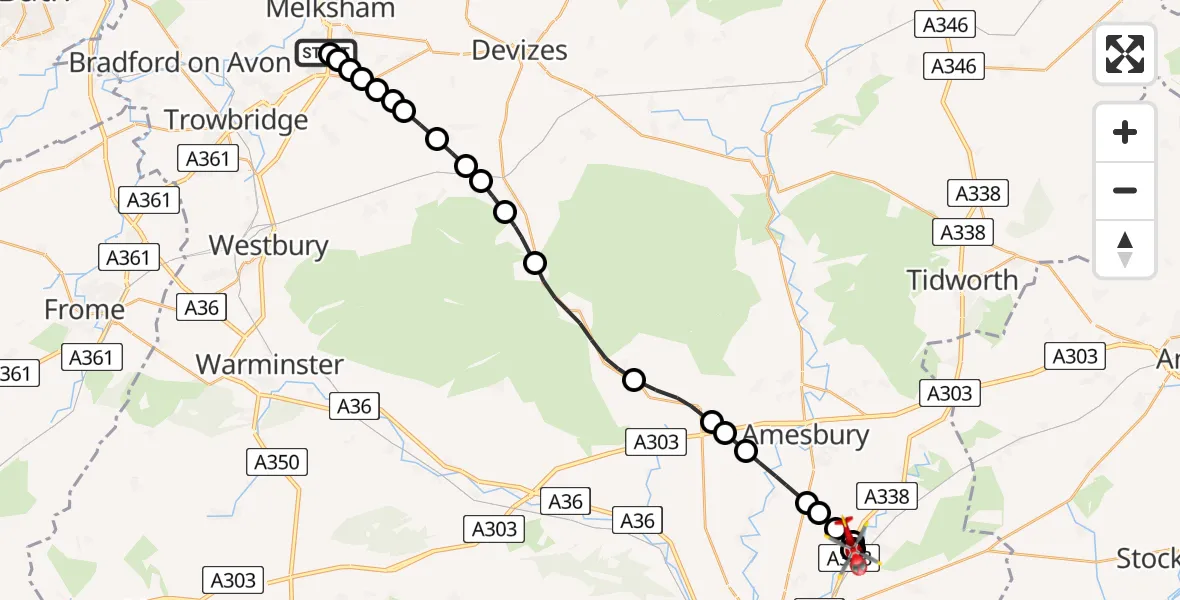 Flight route Air Ambulance Helicopter Wiltshire Air Ambulance - Winterbourne Dauntsey, 26 May 2026, 13:16