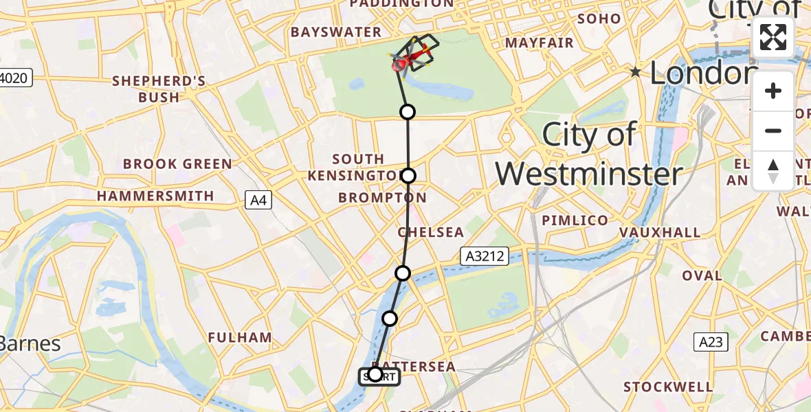 Flight route Air Ambulance Helicopter London Heliport - City of Westminster, 26 May 2026, 13:16