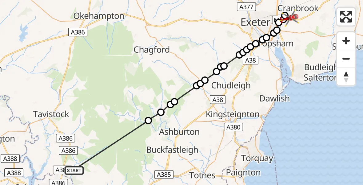 Flight route Air Ambulance Helicopter Bickleigh - Exeter International Airport, 26 May 2026, 13:22