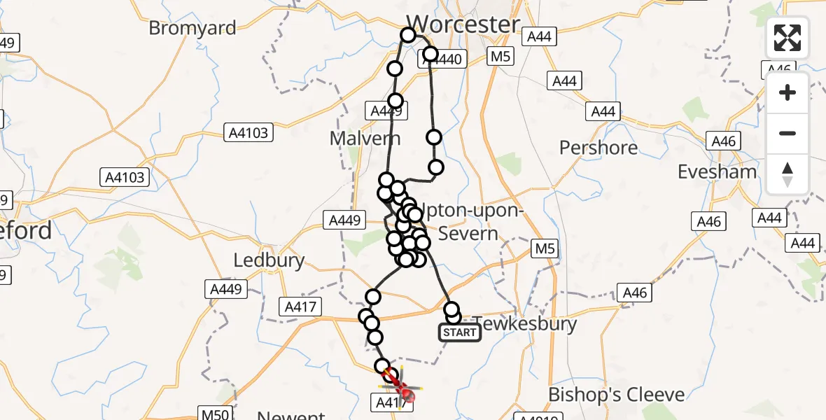 Flight route Air Ambulance Helicopter Tewkesbury - Staunton, 26 May 2026, 13:28