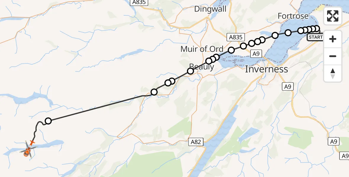 Flight route Coastguard Helicopter Inverness Airport - Coire Buidhe, 26 May 2026, 13:42
