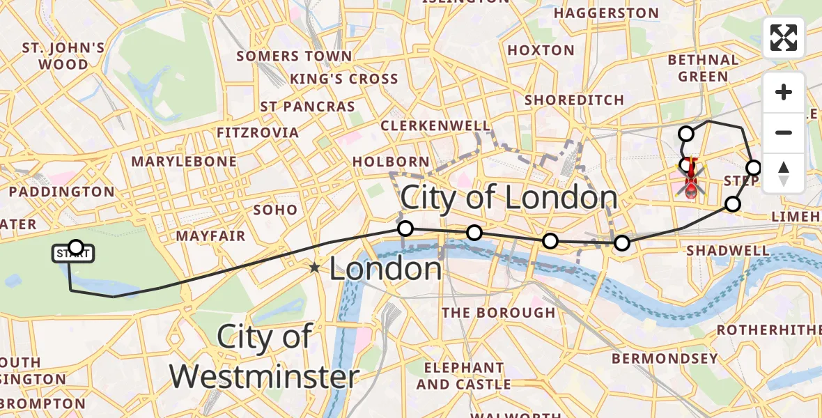 Flight route Air Ambulance Helicopter City of Westminster - Royal London Hospital, 26 May 2026, 13:45