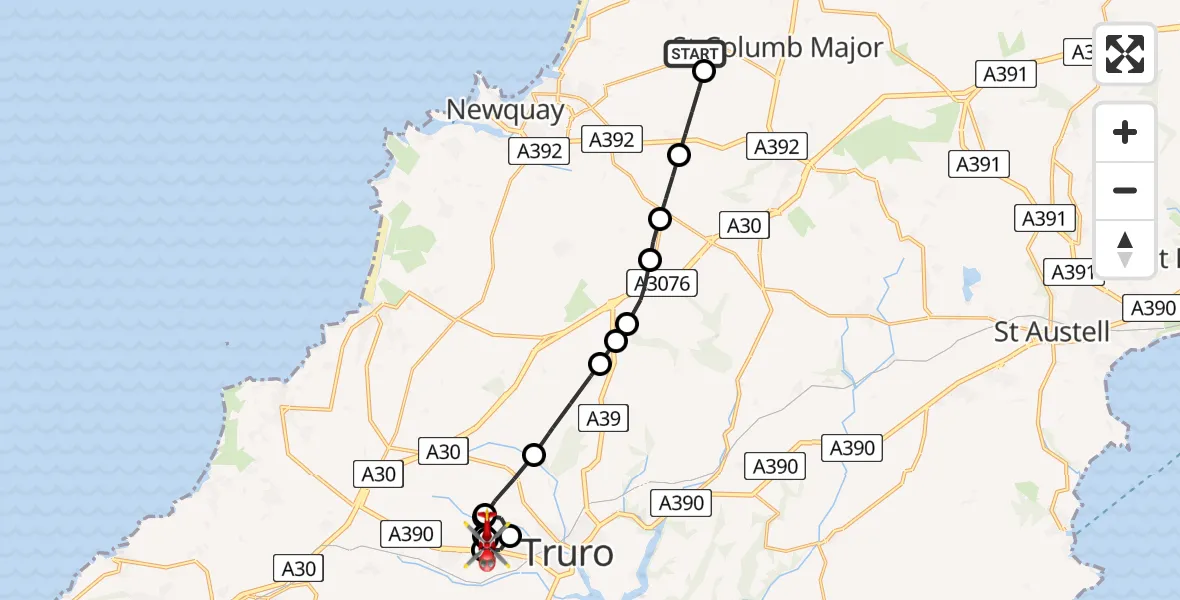 Flight route Air Ambulance Helicopter Cornwall Airport Newquay - Treliske Hospital, 26 May 2026, 13:45