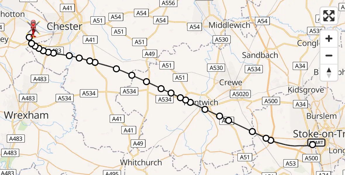 Flight route Air Ambulance Helicopter University Hospital North Staffs - Hawarden Airport, 26 May 2026, 13:47