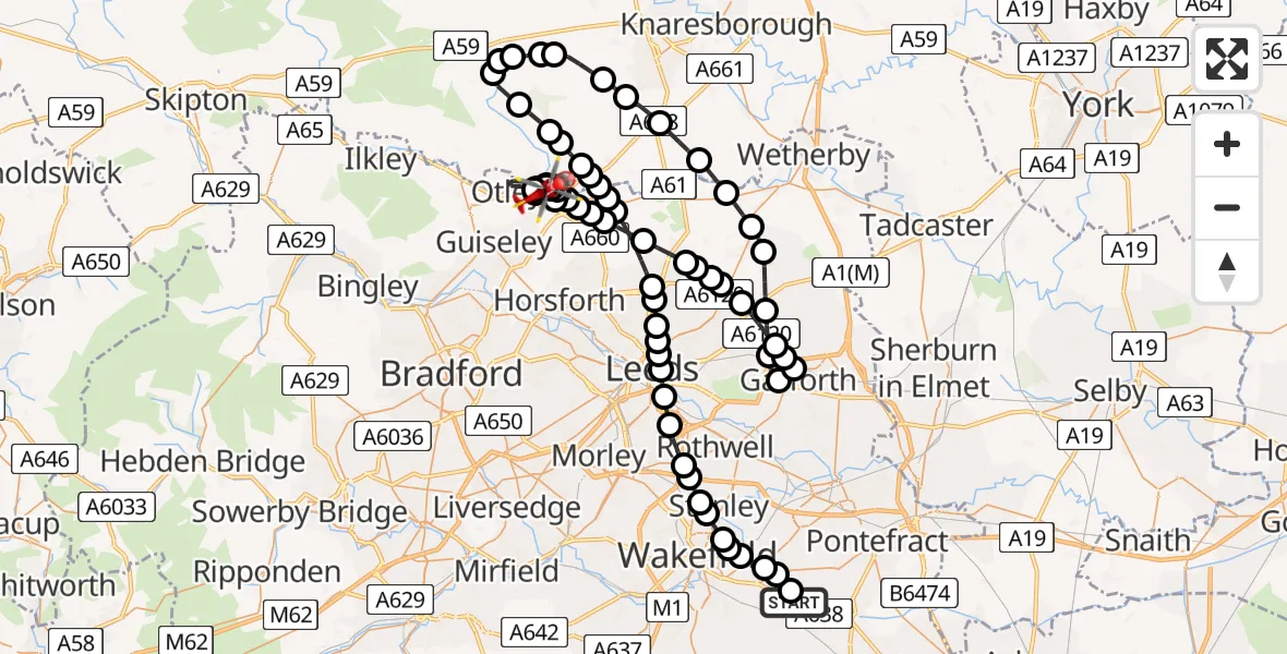 Flight route Air Ambulance Helicopter YAA Nostell Helicopter Port - Otley, 26 May 2026, 13:51