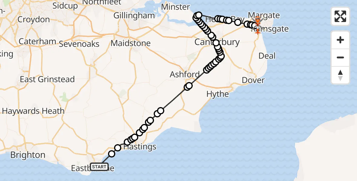 Flight route Coastguard Helicopter English Channel - Manston Airport, 26 May 2026, 13:51