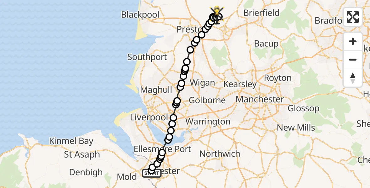 Flight route Police Helicopter Hawarden Airport - Ribchester, 26 May 2026, 13:54