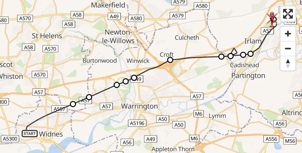 Flight route Air Ambulance Helicopter Widnes - Manchester Barton Aerodrome, 26 May 2026, 13:58