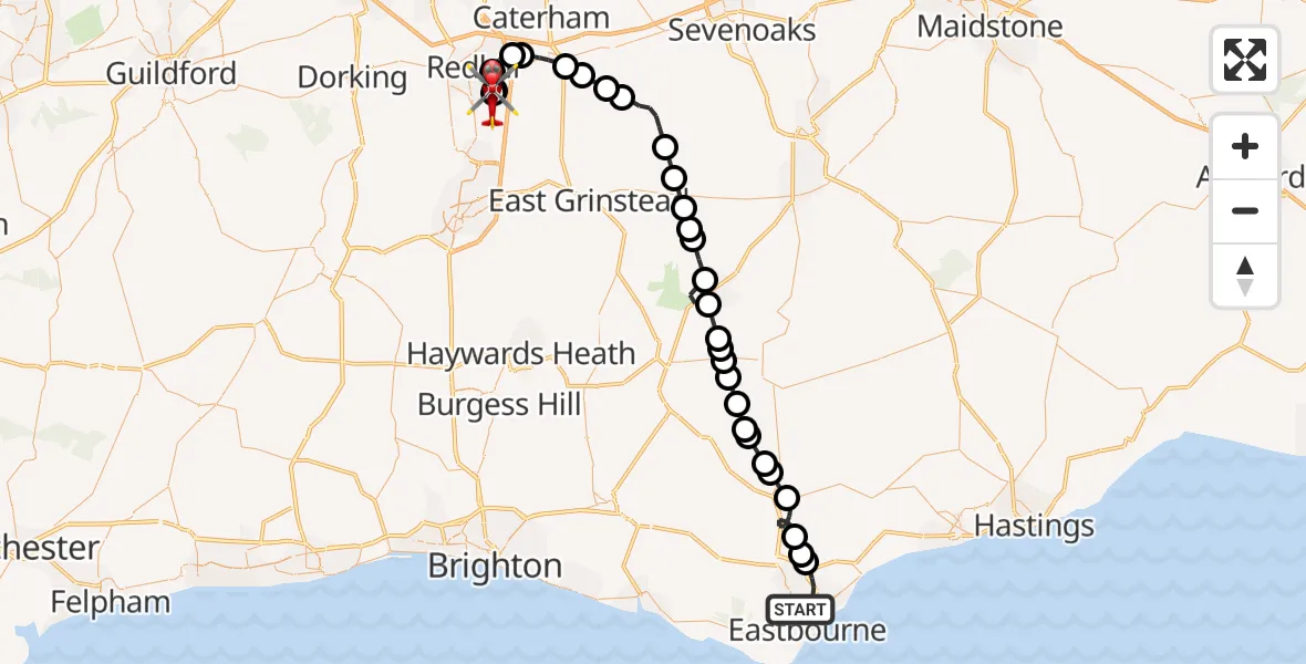 Flight route Air Ambulance Helicopter Eastbourne - Redhill Aerodrome, 26 May 2026, 14:06