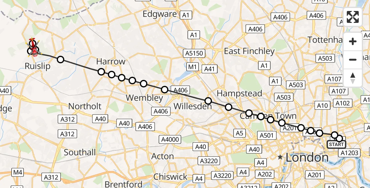 Flight route Air Ambulance Helicopter Royal London Hospital - Ruislip Lido Main Car Park, 26 May 2026, 14:08