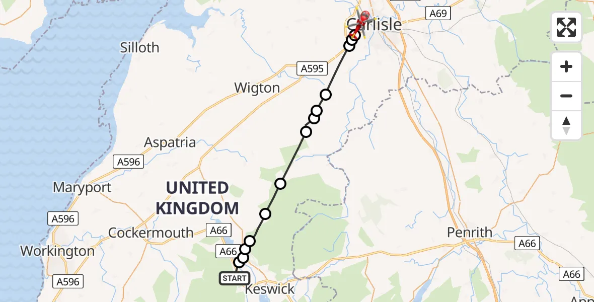 Flight route Air Ambulance Helicopter Thornthwaite - Carlisle, 26 May 2026, 14:11