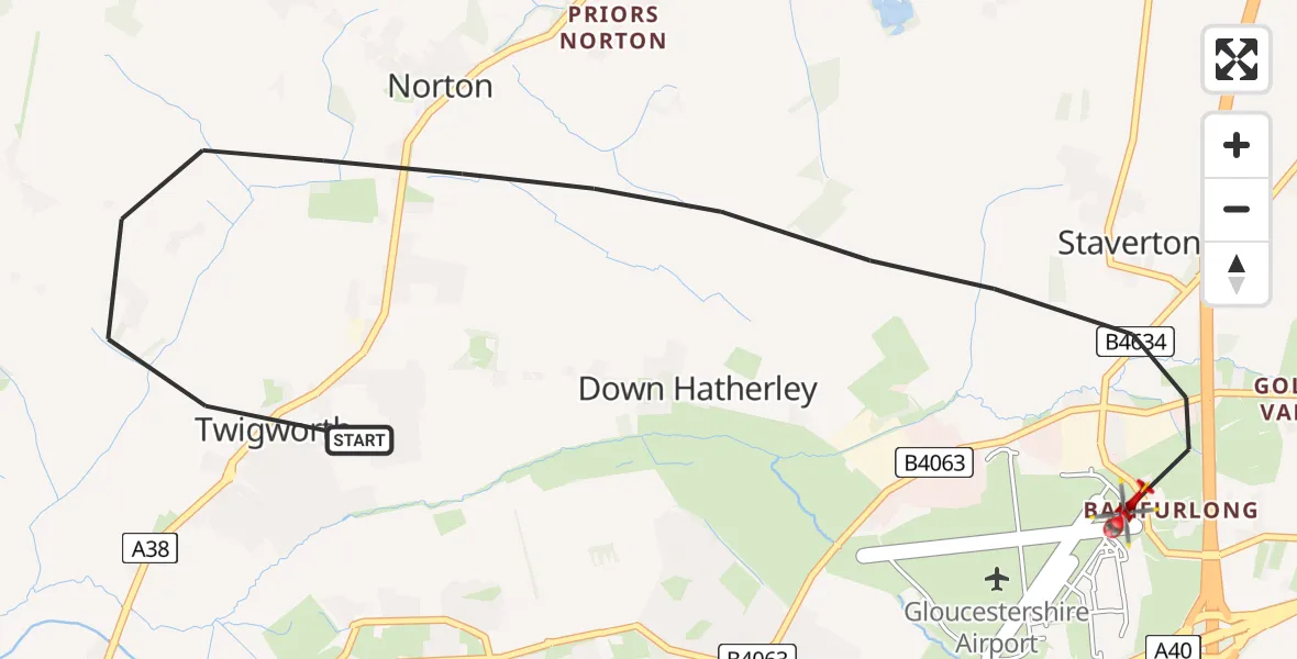 Flight route Air Ambulance Helicopter Tewkesbury - Gloucestershire Airport, 26 May 2026, 14:13