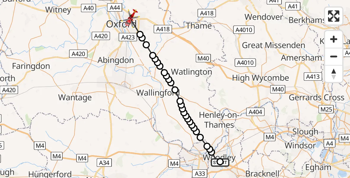Flight route Air Ambulance Helicopter Woodley - Oxford, 26 May 2026, 14:14