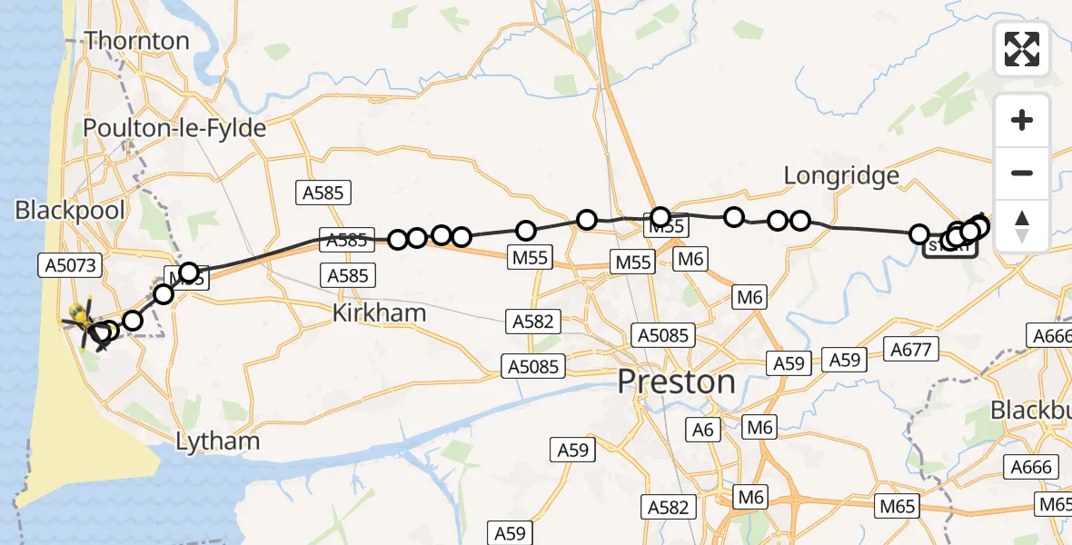 Flight route Police Helicopter Ribchester - Blackpool Airport, 26 May 2026, 14:27