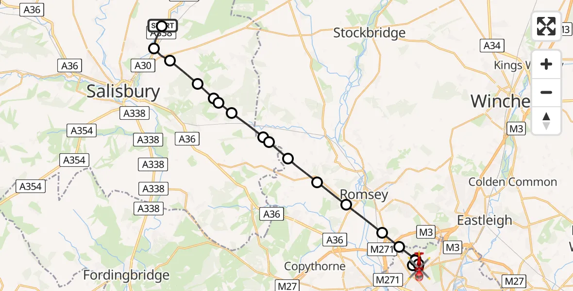 Flight route Air Ambulance Helicopter Winterbourne Gunner - University Hospital Southampton, 26 May 2026, 14:35