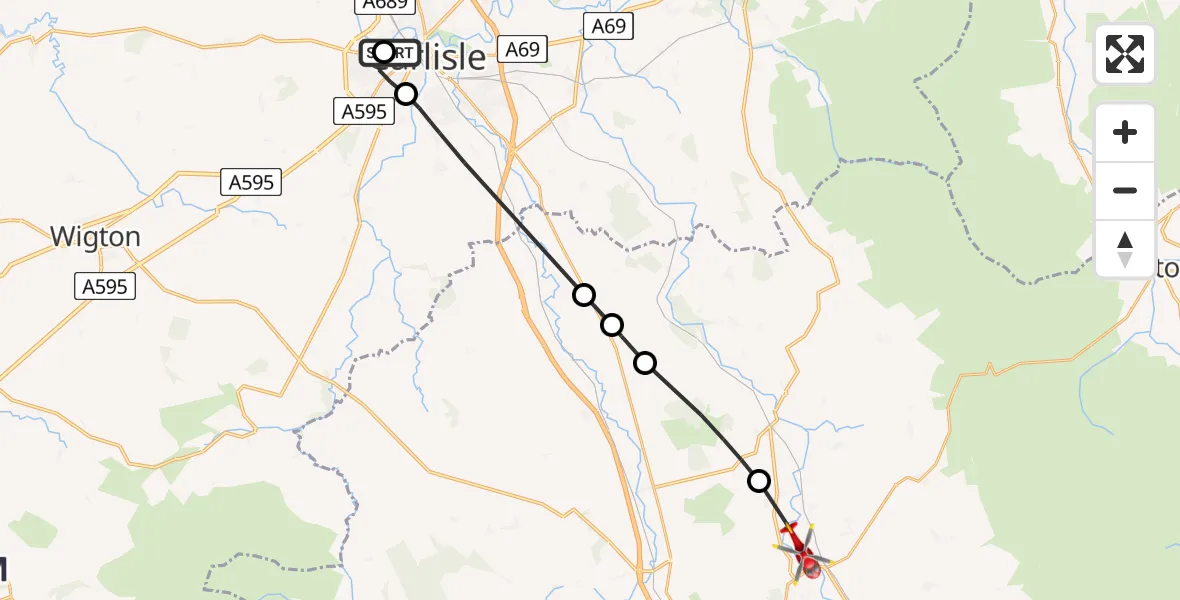 Flight route Air Ambulance Helicopter Carlisle General - Langwathby, 26 May 2026, 14:43