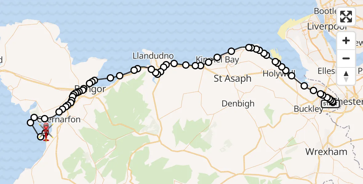 Flight route Air Ambulance Helicopter Hawarden Airport - Caernarfon Airport, 26 May 2026, 14:45