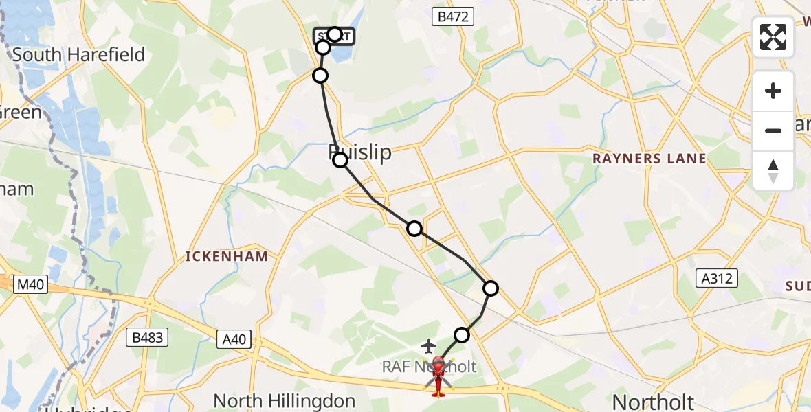 Flight route Air Ambulance Helicopter Northwood - RAF Northolt, 26 May 2026, 15:07