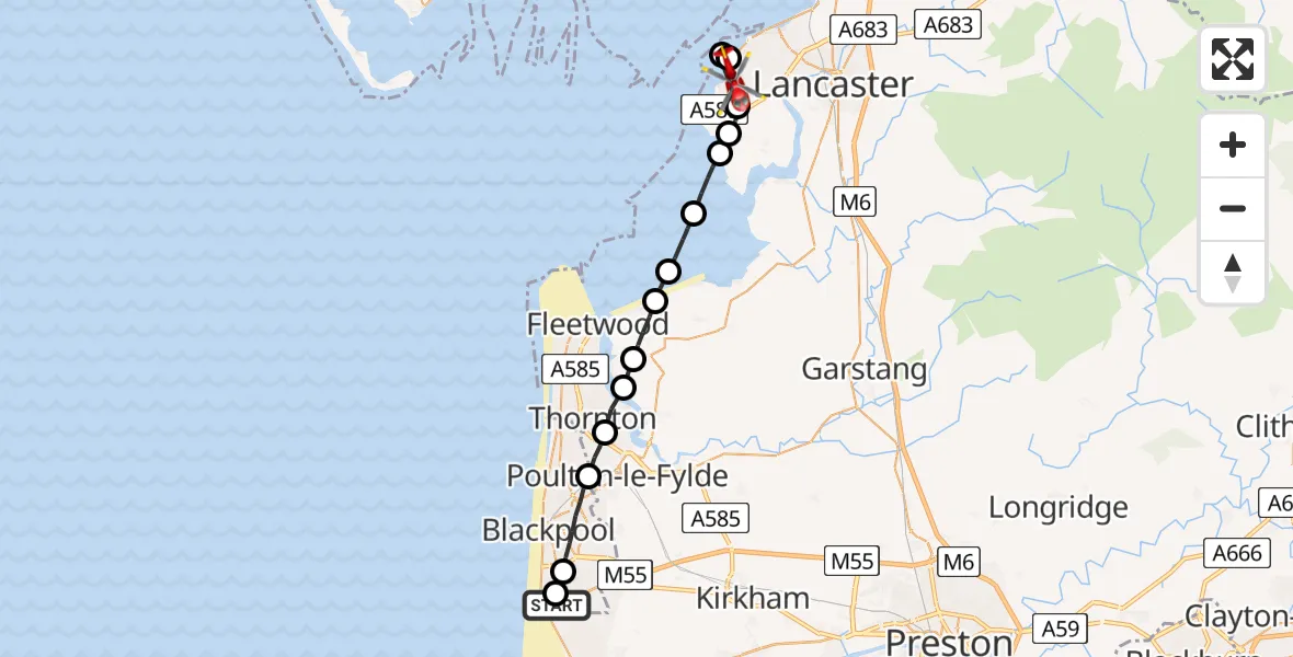 Flight route Air Ambulance Helicopter Blackpool Airport - Lancaster, 26 May 2026, 15:07