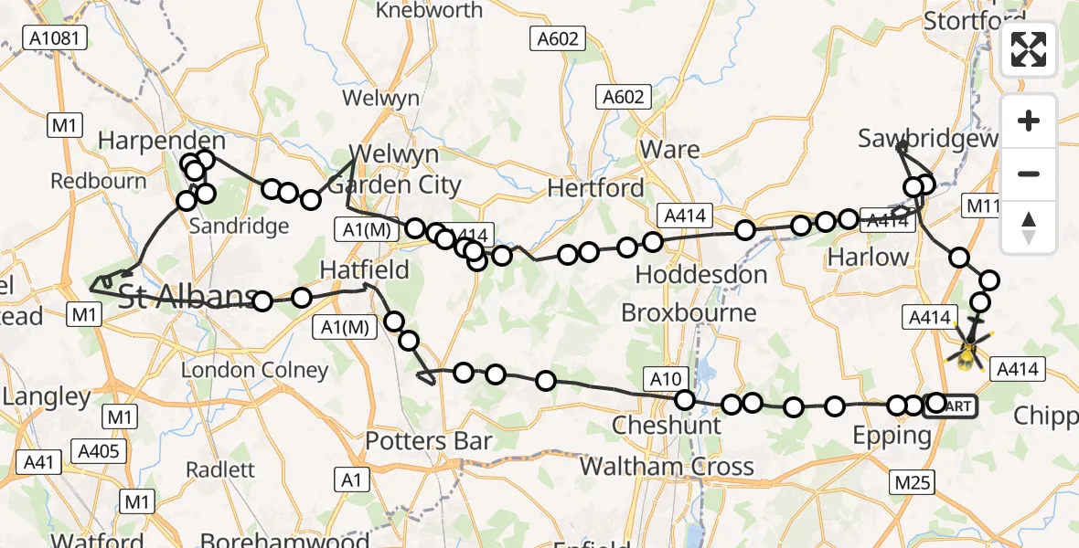 Flight route Police Helicopter North Weald Airfield - North Weald Bassett, 26 May 2026, 15:16