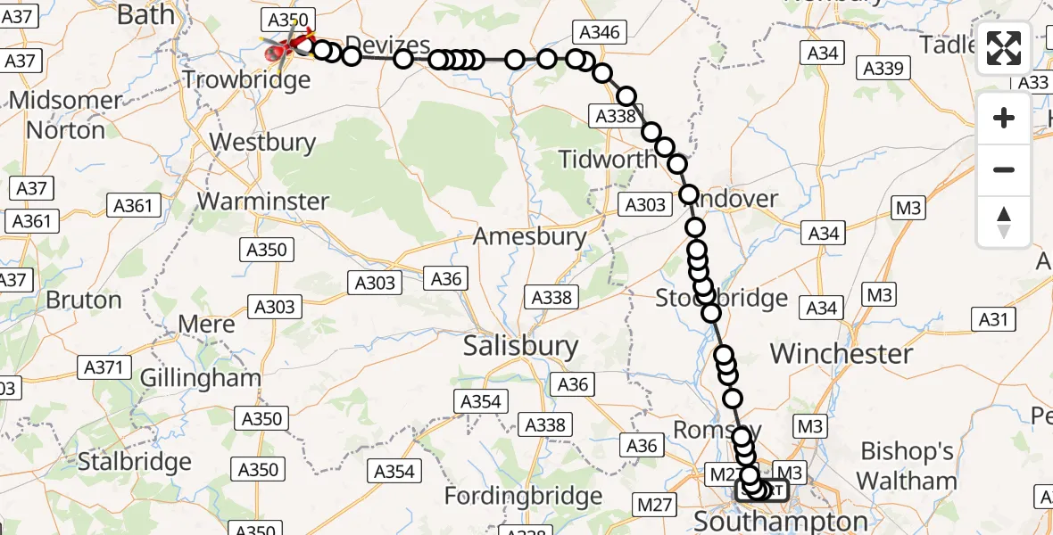 Flight route Air Ambulance Helicopter University Hospital Southampton - Melksham, 26 May 2026, 15:32