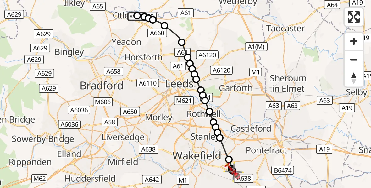 Flight route Air Ambulance Helicopter Otley - YAA Nostell Helicopter Port, 26 May 2026, 15:34