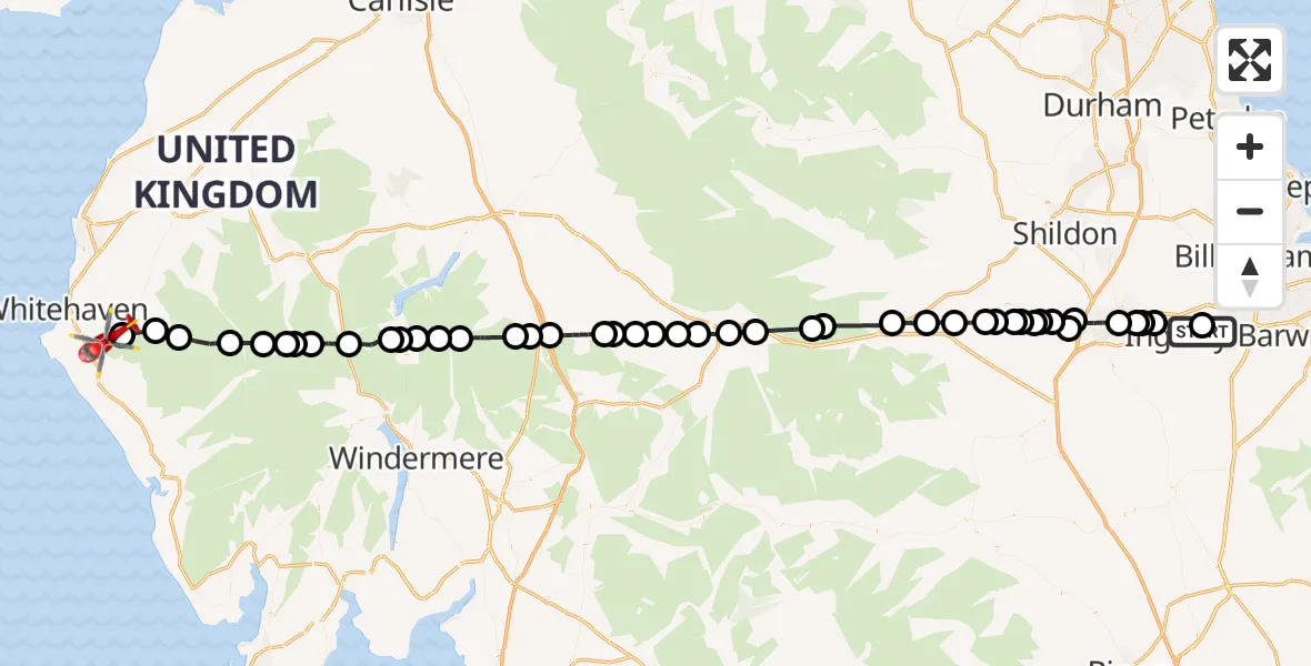 Flight route Air Ambulance Helicopter Egglescliffe - Cleator Moor, 26 May 2026, 15:35