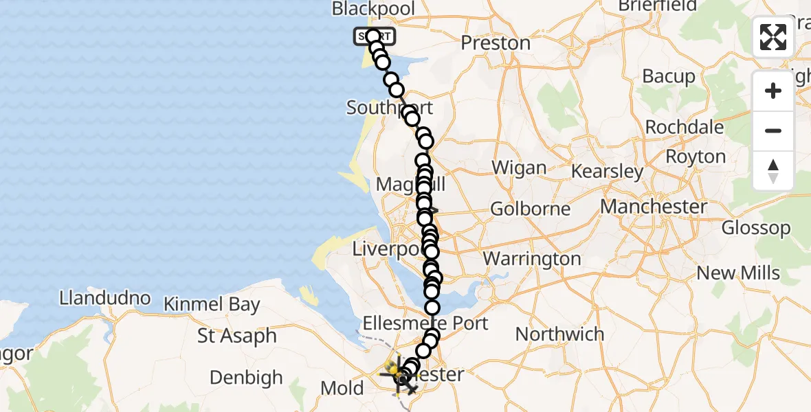 Flight route Police Helicopter Blackpool Airport - Hawarden Airport, 26 May 2026, 15:36