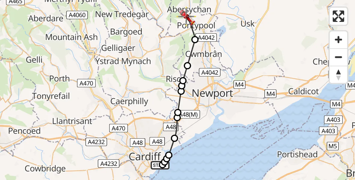 Flight route Air Ambulance Helicopter Cardiff Heliport - Pontypool, 26 May 2026, 15:36