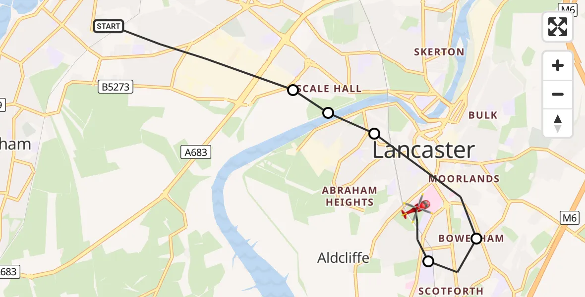 Flight route Air Ambulance Helicopter Morecambe - Lancaster General, 26 May 2026, 15:41