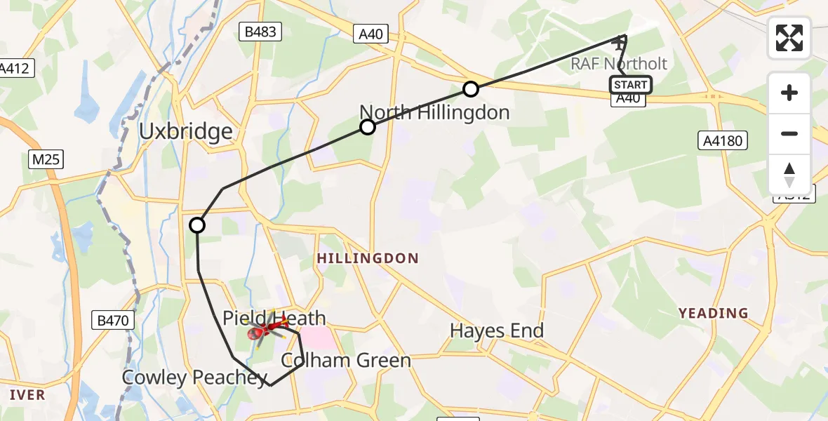 Flight route Air Ambulance Helicopter RAF Northolt - Cowley, 26 May 2026, 15:41