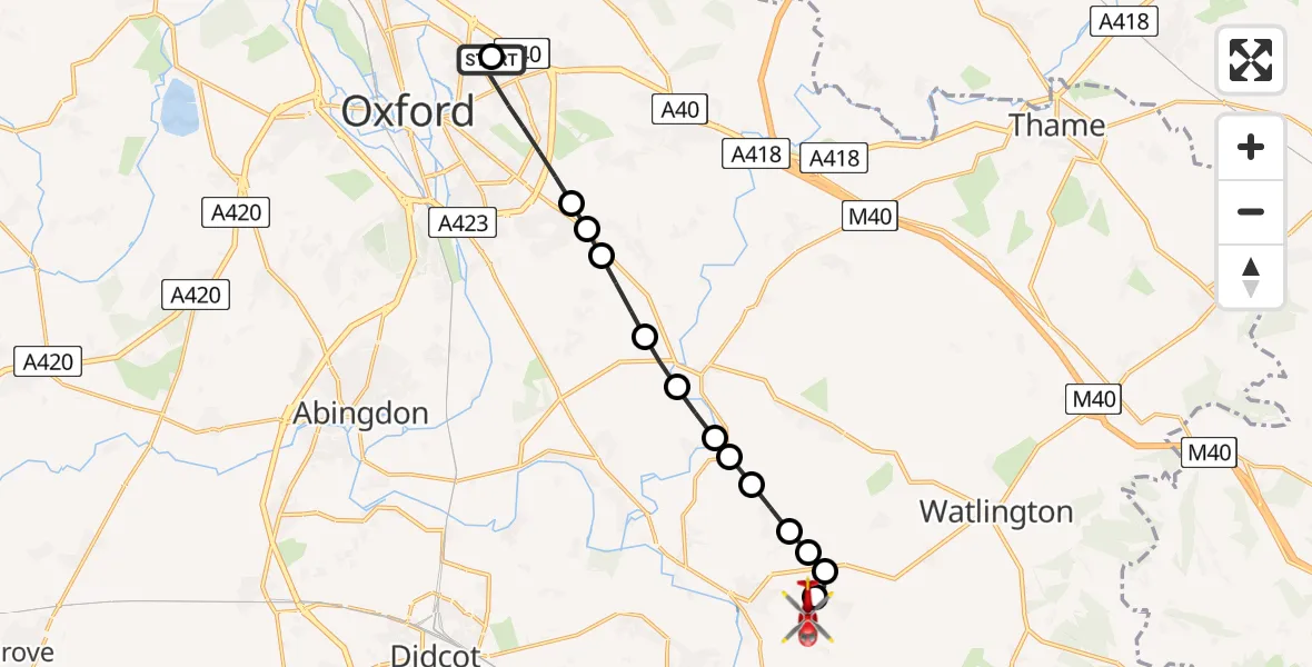 Flight route Air Ambulance Helicopter John Radcliffe Hospital - RAF Benson, 26 May 2026, 15:43
