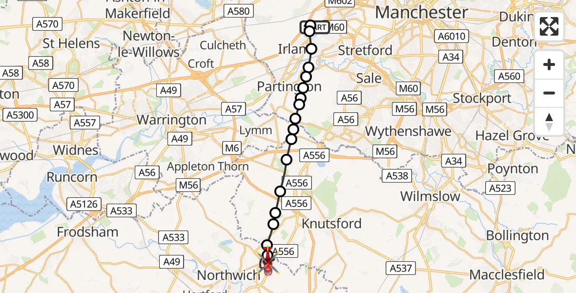 Flight route Air Ambulance Helicopter Manchester Barton Aerodrome - Lostock Gralam, 26 May 2026, 15:51