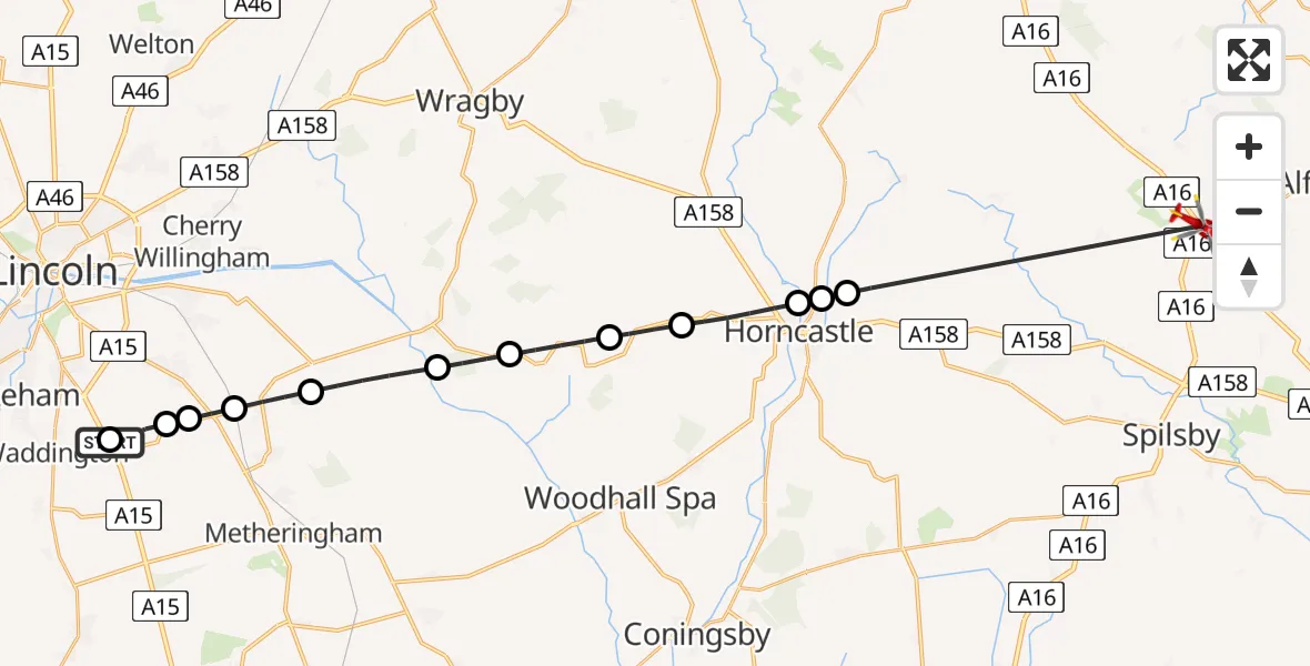 Flight route Air Ambulance Helicopter RAF Waddington - Ulceby, 26 May 2026, 15:57
