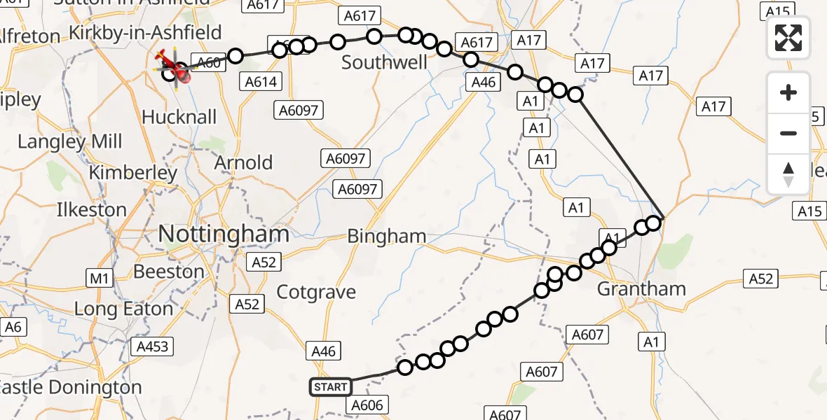 Flight route Air Ambulance Helicopter Hickling - Newstead CP, 26 May 2026, 16:01