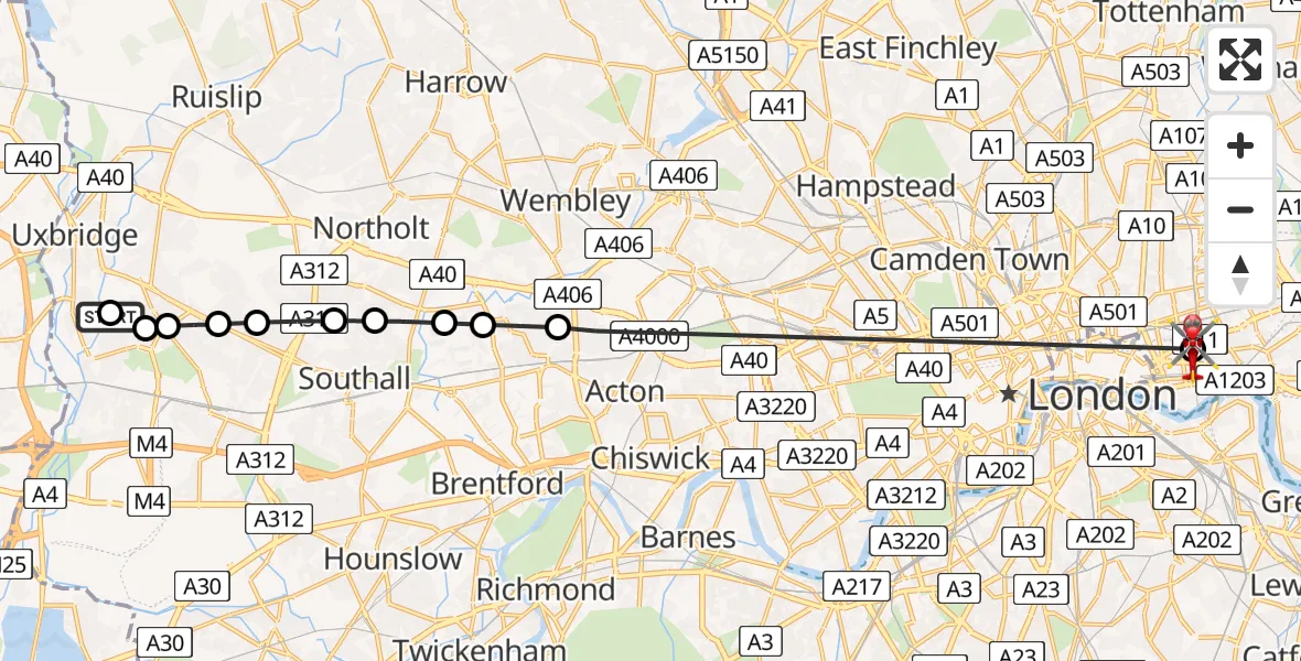 Flight route Air Ambulance Helicopter Cowley - Royal London Hospital, 26 May 2026, 16:04
