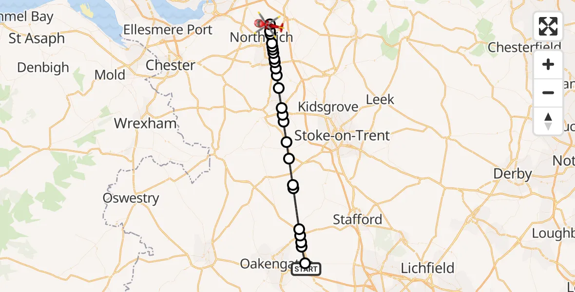 Flight route Air Ambulance Helicopter Shifnal - Pickmere, 26 May 2026, 16:14