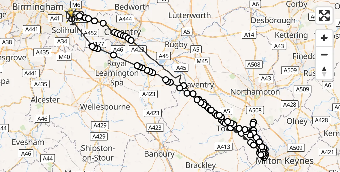 Flight route Police Helicopter Birmingham Airport - Birmingham Airport, 26 May 2026, 16:20