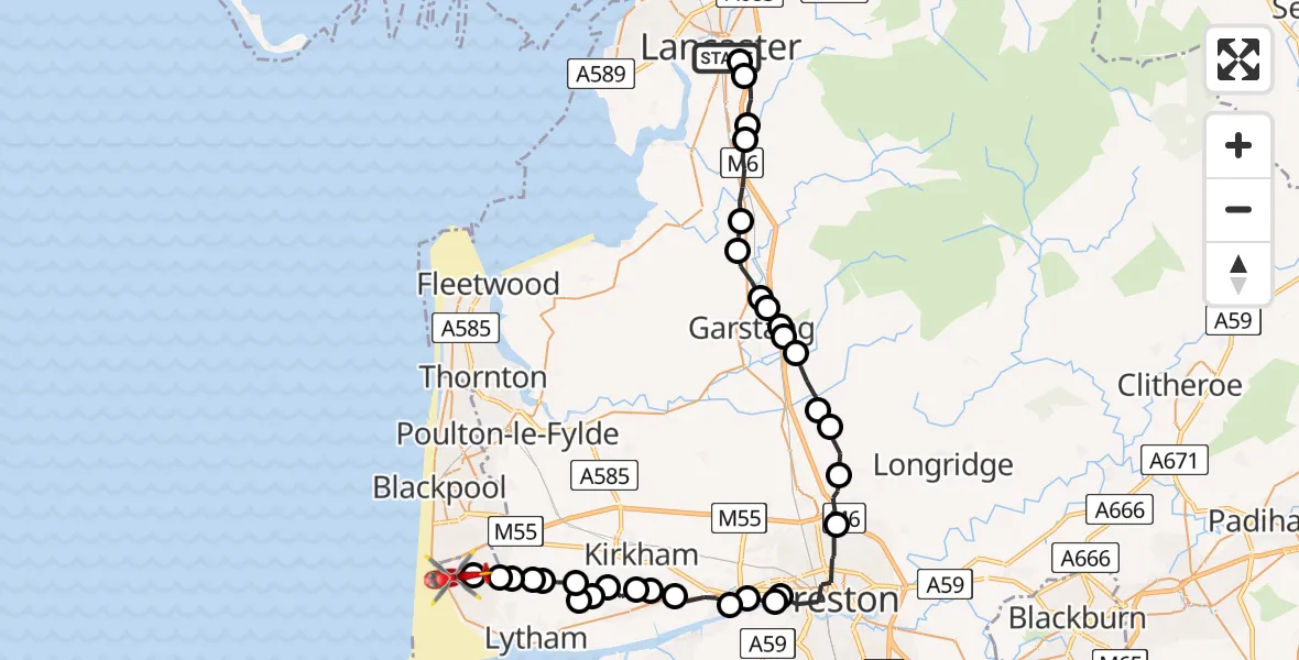 Flight route Air Ambulance Helicopter Lancaster General - Blackpool Airport, 26 May 2026, 16:25