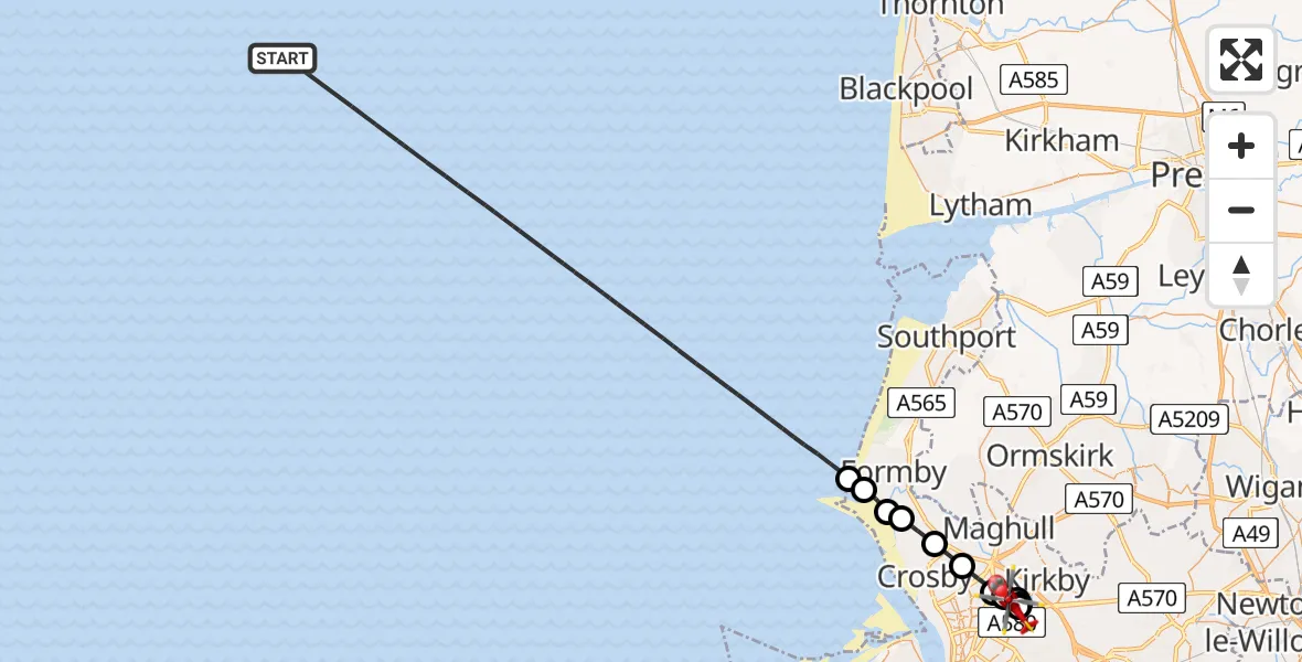 Flight route Air Ambulance Helicopter Irish Sea - Aintree University Hospital Heliport, 26 May 2026, 16:35