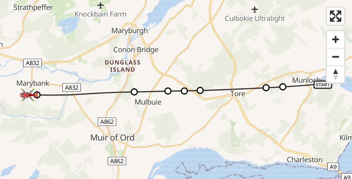 Flight route Air Ambulance Helicopter Munlochy - Marybank, 26 May 2026, 16:36