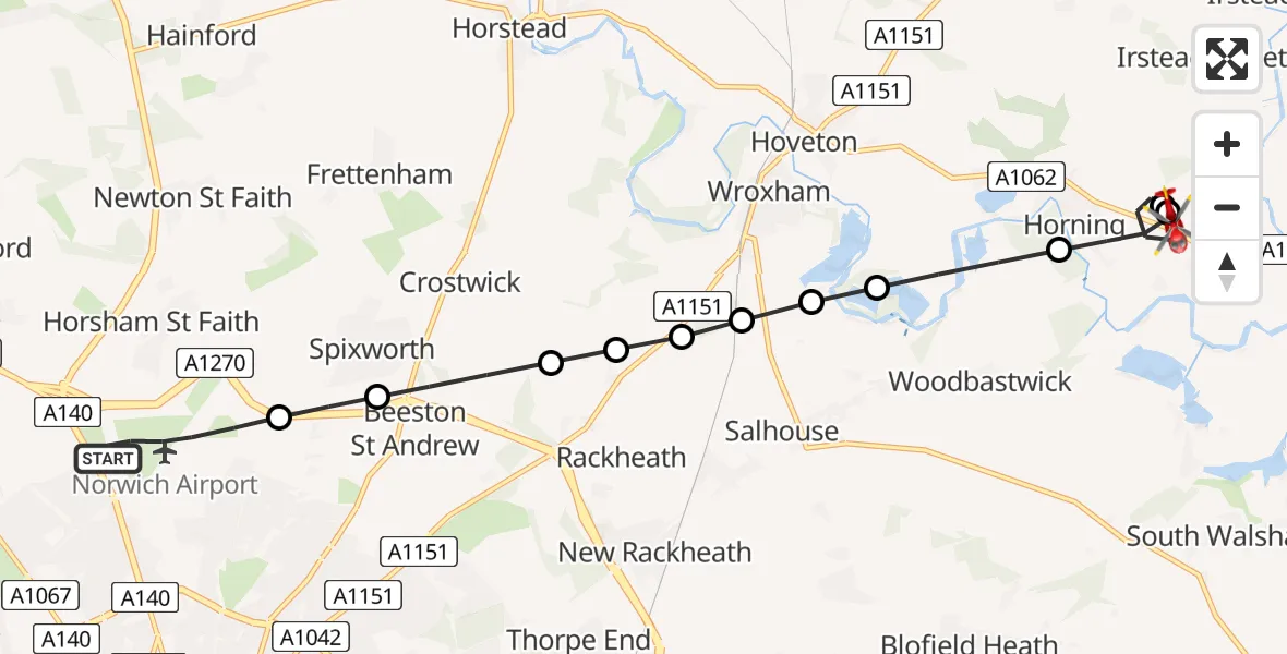 Flight route Air Ambulance Helicopter Norwich Airport - Horning, 26 May 2026, 16:45